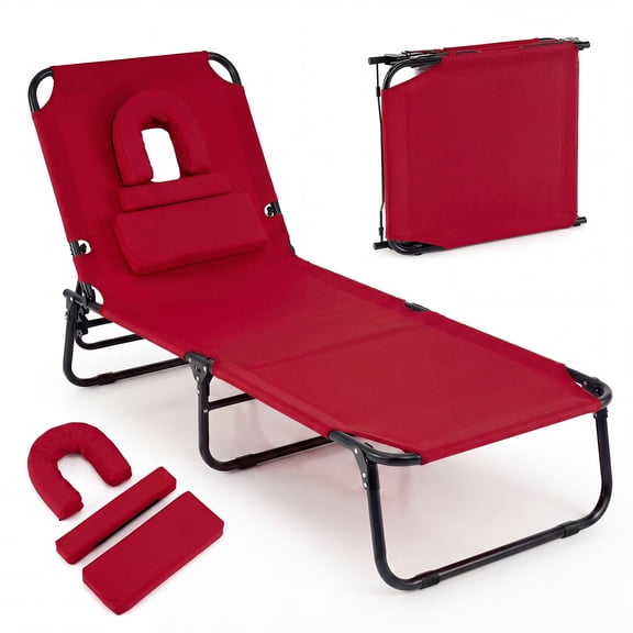 Costway Folding Beach Sun Lounger with Face Hole & Removable Pillows, 4-Position Backrest Red
