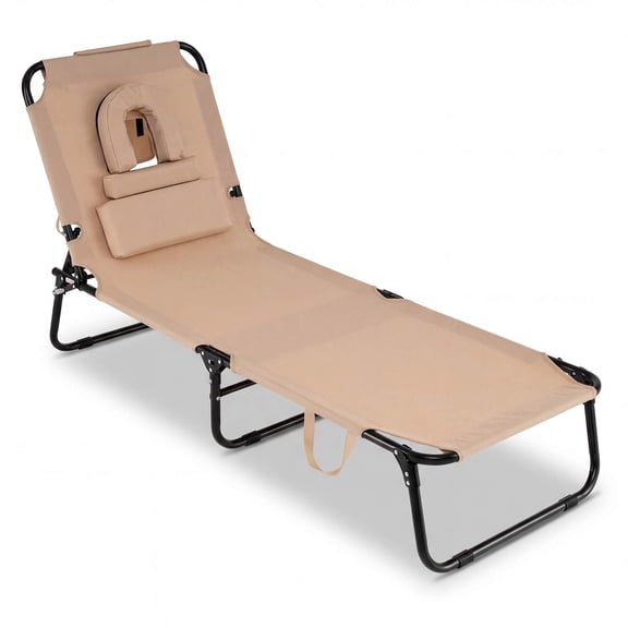 Costway Folding Beach Sun Lounger with Face Hole & Removable Pillows, 4-Position Backrest Sand