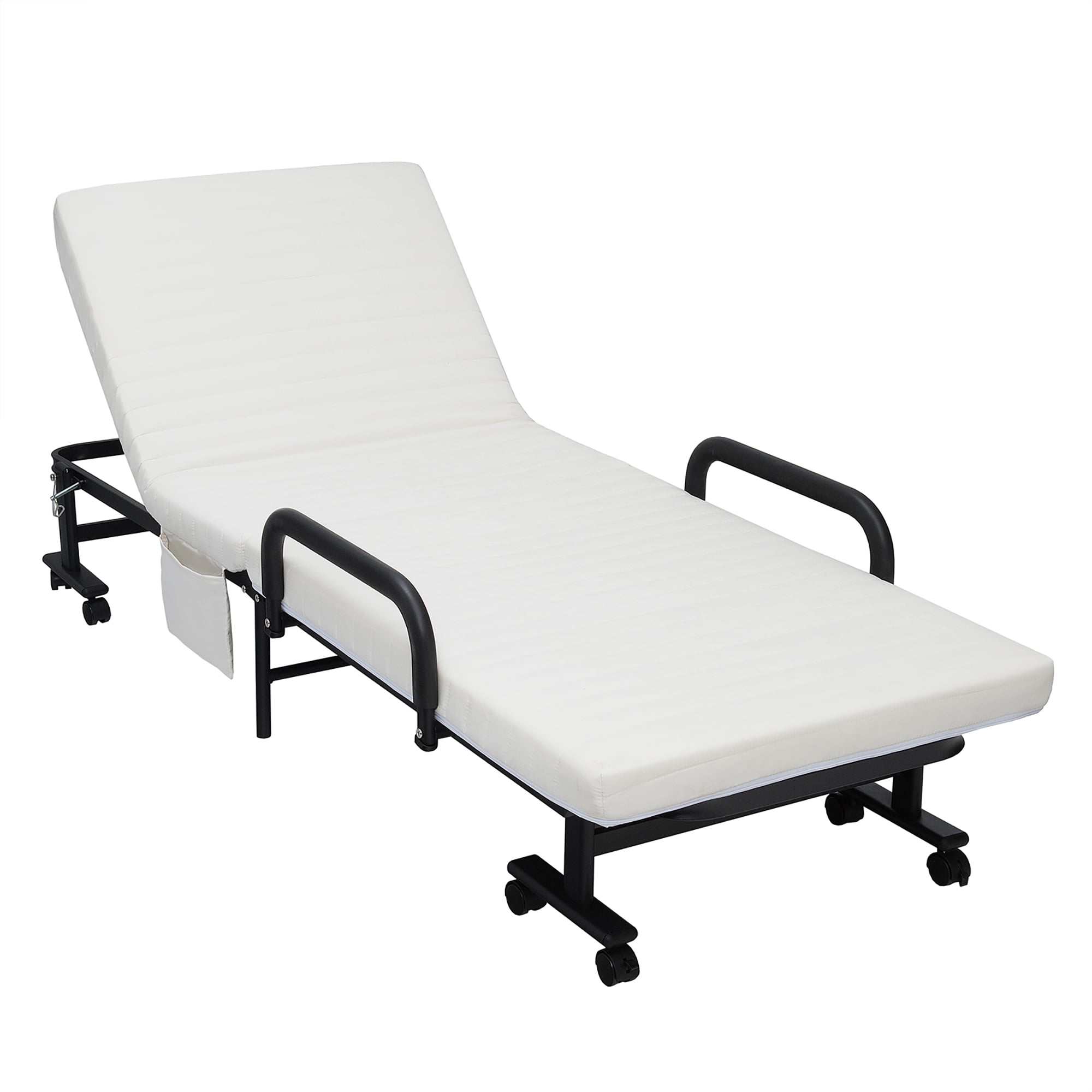 White Twin Folding Metal Frame Bed with Upholstered Mattress and Drawer
