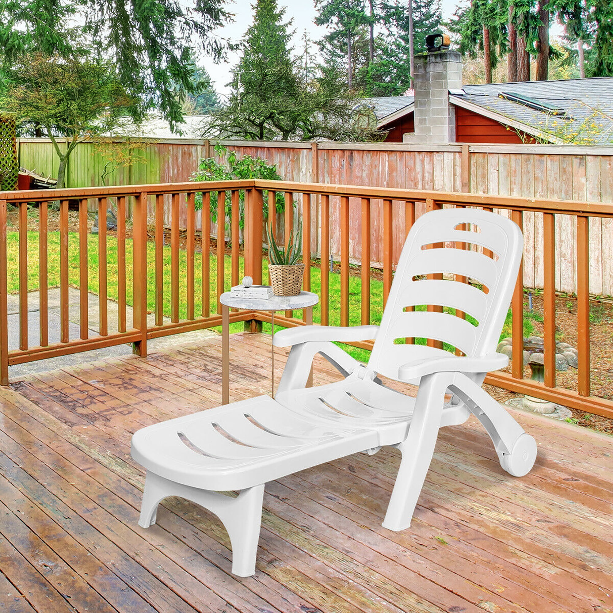 White Adjustable Folding Chaise Lounge Chair with Wheels