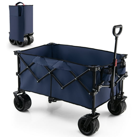 Costway Folding Collapsible Wagon Utility Garden Cart w/ Wide Wheels Adjustable Handle Blue