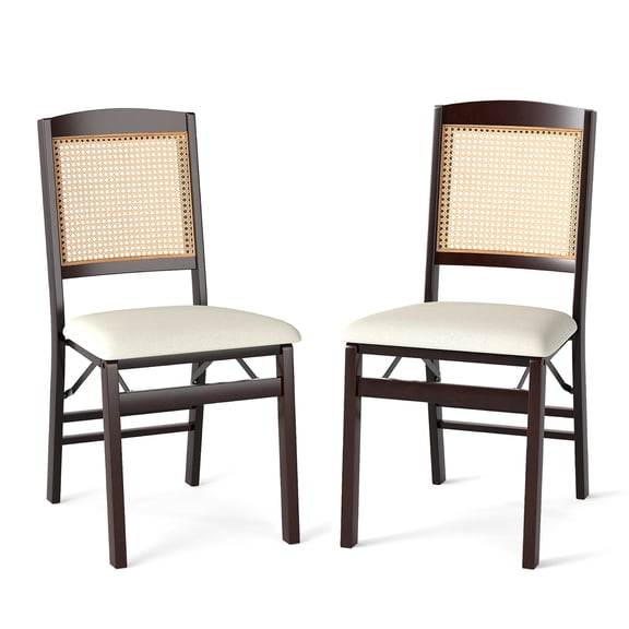Costway Folding Dining Chairs Set of 2 with Linen Padded Seat & Rattan Backrest for Kitchen Coffee + Natural + Beige