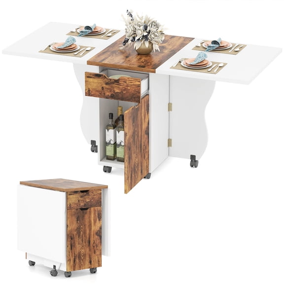 Costway Folding Dining Table with Lockable Wheels, 2 Drawers & 2 Cabinets for Small Spaces White + Rustic
