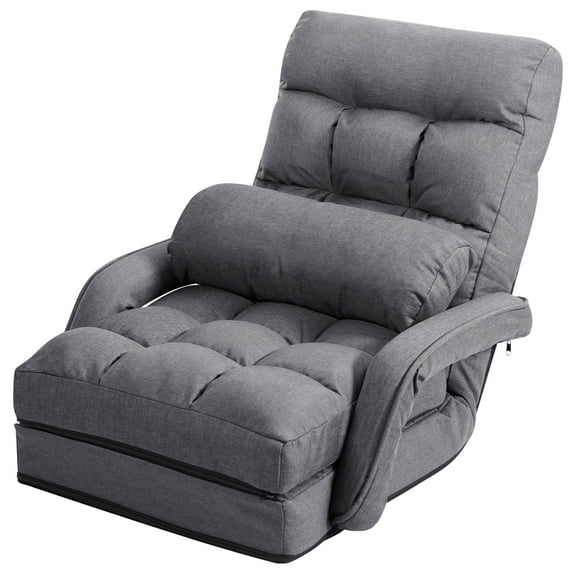 Costway Folding Floor Armchair w/6-position Adjustable Back & Lumbar Pillow Grey