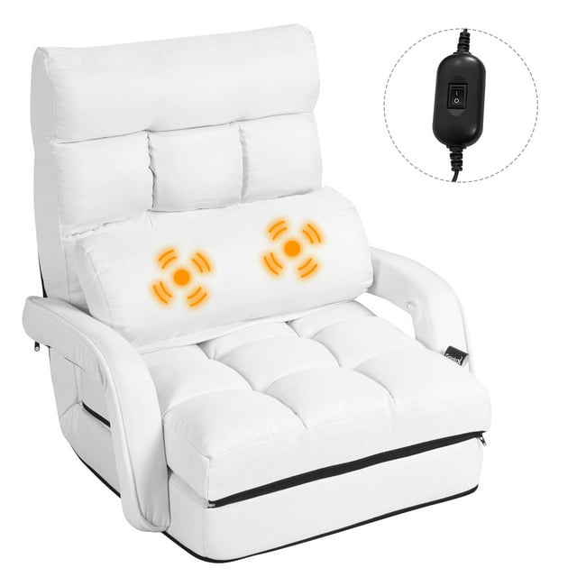 Costway Folding Floor Single Sofa Massage Recliner Chair W/ a Pillow 5 Adjustable Backrest Position Leisure Lounge Couch White