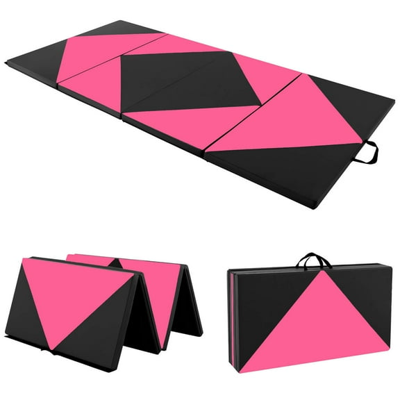 Costway Folding Gymnastics Mat 8' x 4' x 2'' PU Leather Tumbling Exercise Mat Yoga Gym Pink+Black