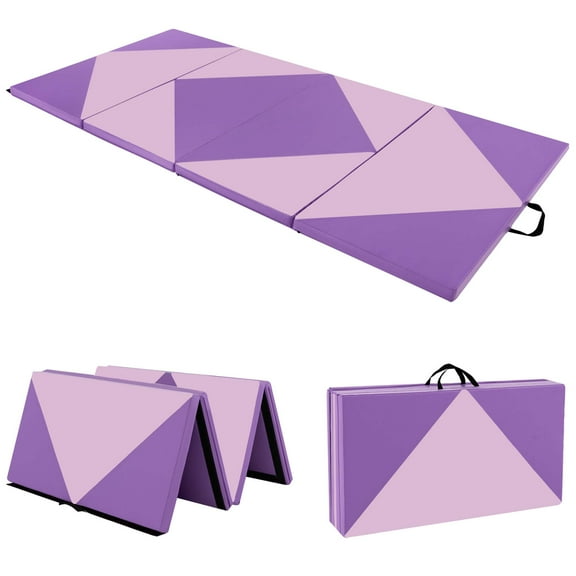 Costway Folding Gymnastics Mat 8' x 4' x 2'' PU Leather Tumbling Exercise Mat Yoga Gym Pink+Purple