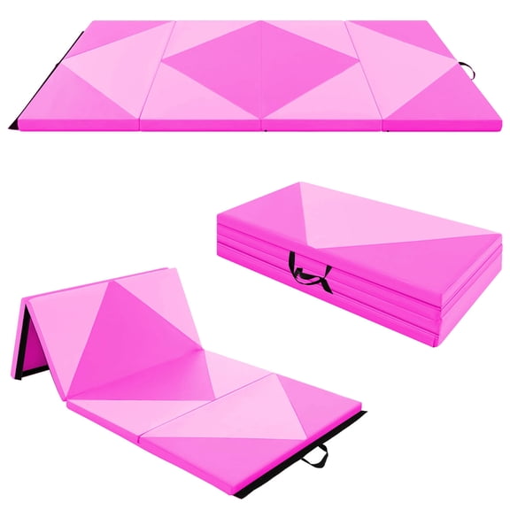 Costway Folding Gymnastics Mat 8' x 4' x 2'' PU Leather Tumbling Exercise Mat Yoga Gym Pink