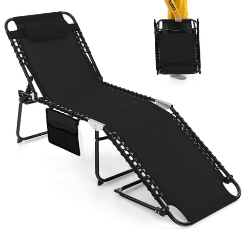 Costway Folding Lounge Chaise 16'' High Recline Chair W/Adjustable Backrest and Footrest Black