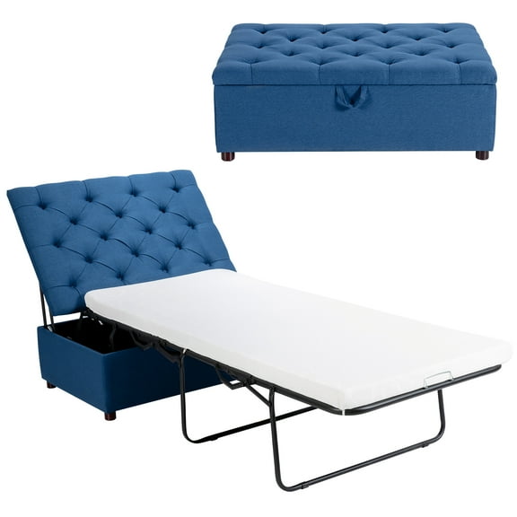 Costway Folding Ottoman Sleeper Bed with Mattress Convertible Guest Bed Blue