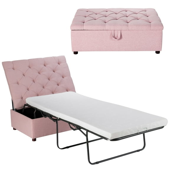 Costway Folding Ottoman Sleeper Bed with Mattress Convertible Guest Bed Pink