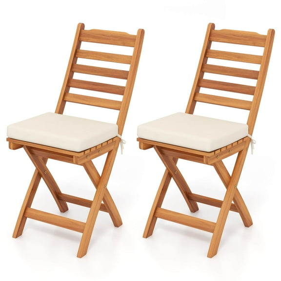 Costway Folding Patio Chairs Set of 2 with Slatted Backrests and Soft Seat Cushions