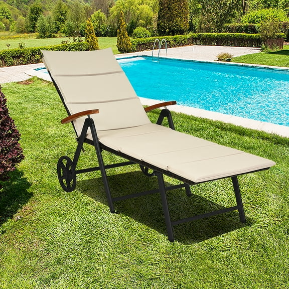 Costway Folding Patio Rattan Lounge Chair Chaise Cushioned Aluminum Adjust Wheel