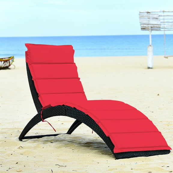 Costway Folding Patio Rattan Lounge Chair Chaise Cushioned Portable Garden Lawn Red