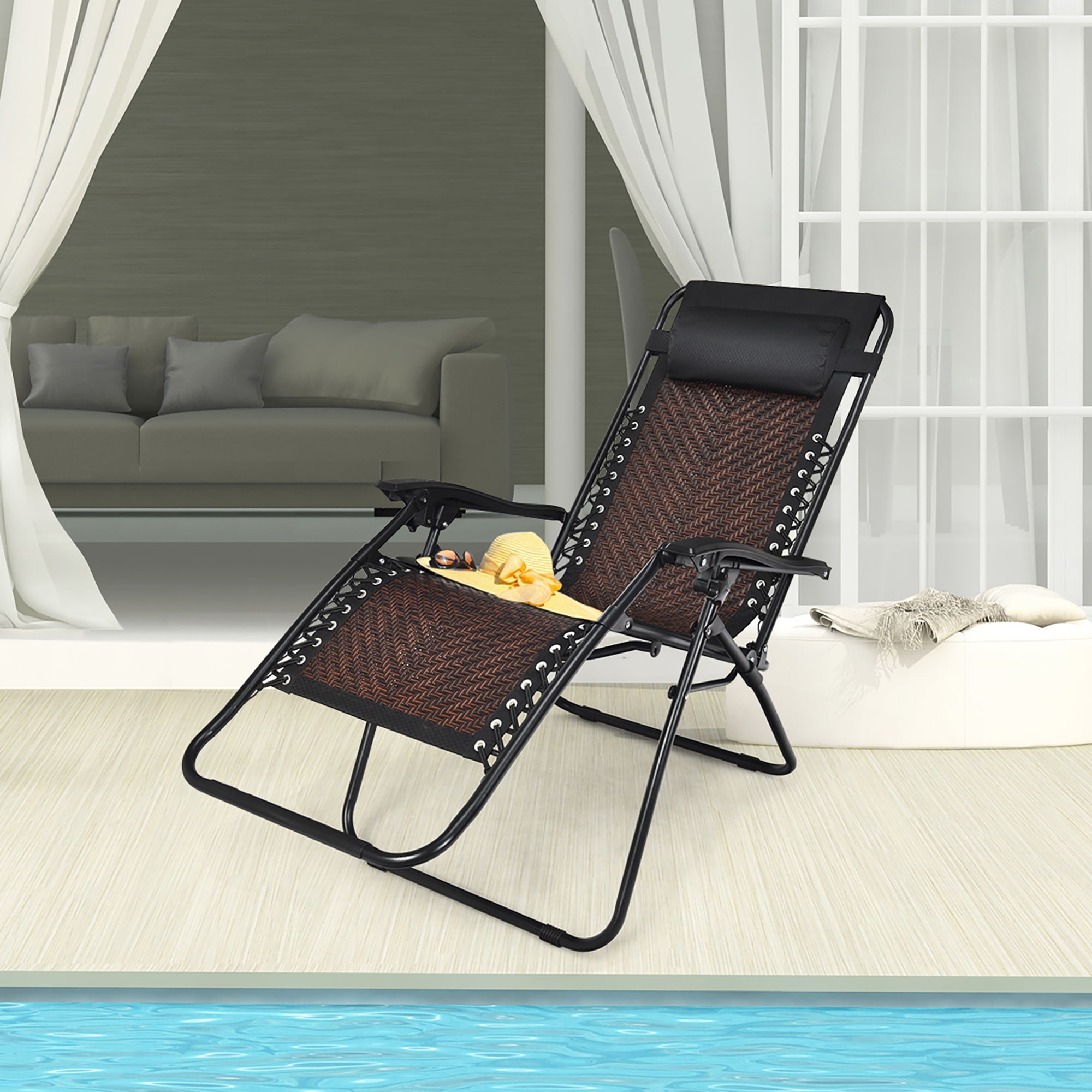 Brown Rattan Zero Gravity Recliner with Cushions and Arms