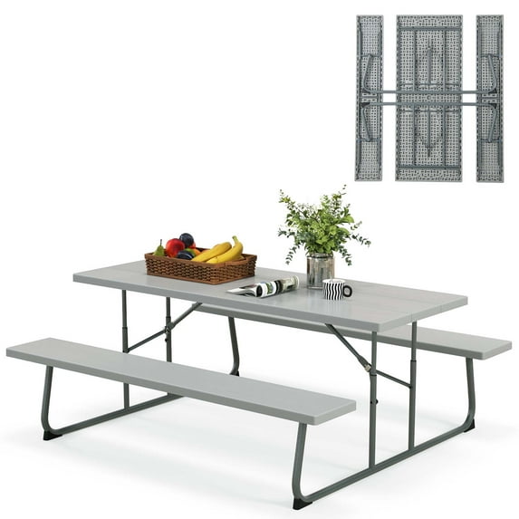 Costway Folding Picnic Table with 2 Benches All Weather Wood-like Tabletop Umbrella Hole Grey