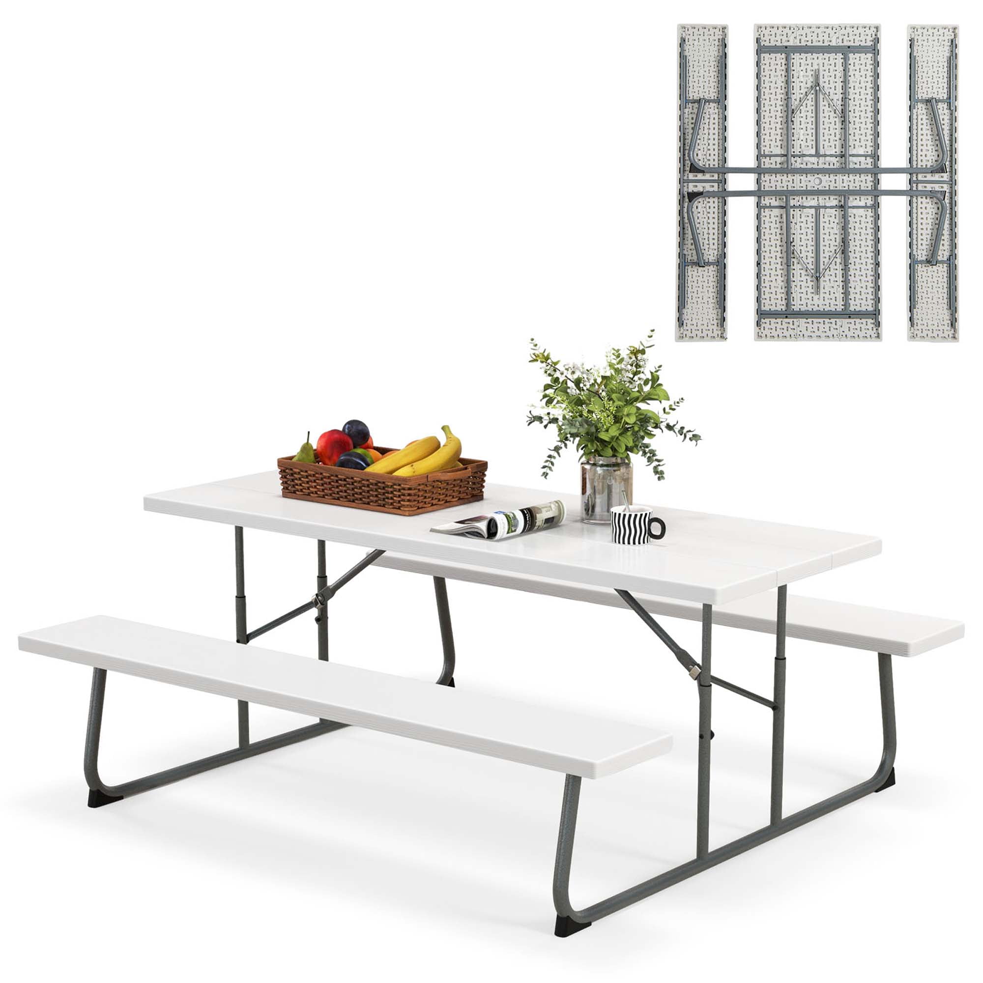 Costway Folding Picnic Table with 2 Benches All Weather Woodlike Tabletop Umbrella Hole White