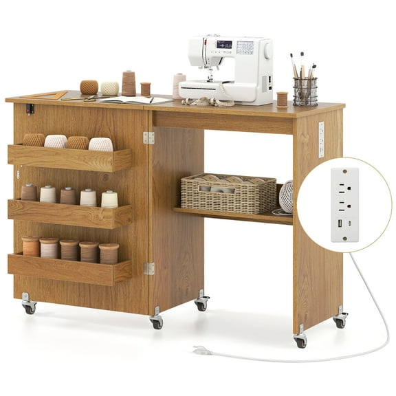 Costway Folding Sewing Machine Table Lockable Casters Rack with 3 Storage Bins & Power Outlets Natural