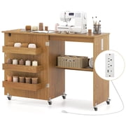 Costway Folding Sewing Machine Table Lockable Casters Rack with 3 Storage Bins & Power Outlets Natural