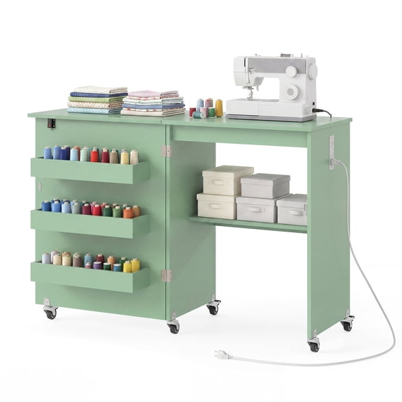 Costway Folding Sewing Machine Table with Power Outlets, 3 Storage Bins & Open Shelf Olive Green