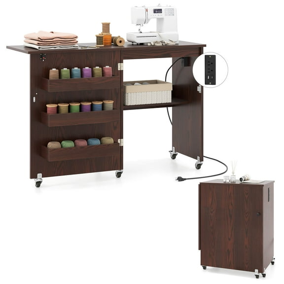 Costway Folding Sewing Table Rolling Craft Station with 3 Storage Bins & Charging Station Brown