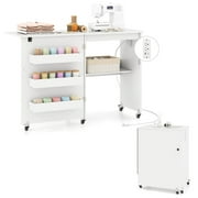 Costway Folding Sewing Machine Table Lockable Casters Rack with 3 Storage Bins & Power Outlets Natural