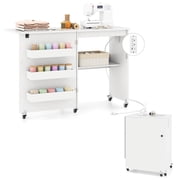 Costway Folding Sewing Table Rolling Craft Station with 3 Storage Bins & Charging Station White