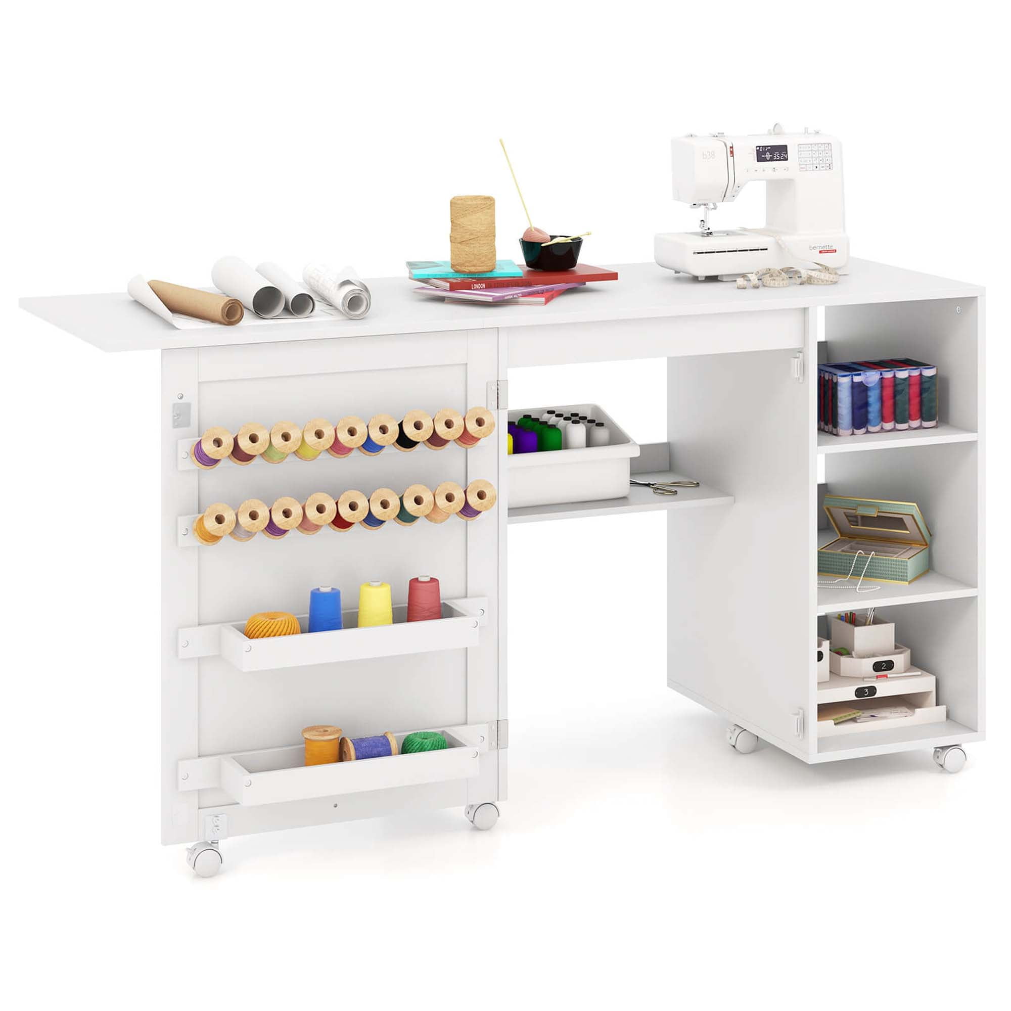 White Folding Sewing Table with Storage Shelves and Lockable Casters