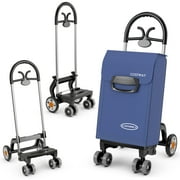 Costway Folding Shopping Cart Utility Hand Truck with Rolling Swivel Wheels, Removable Bag & Cozy Handle Blue