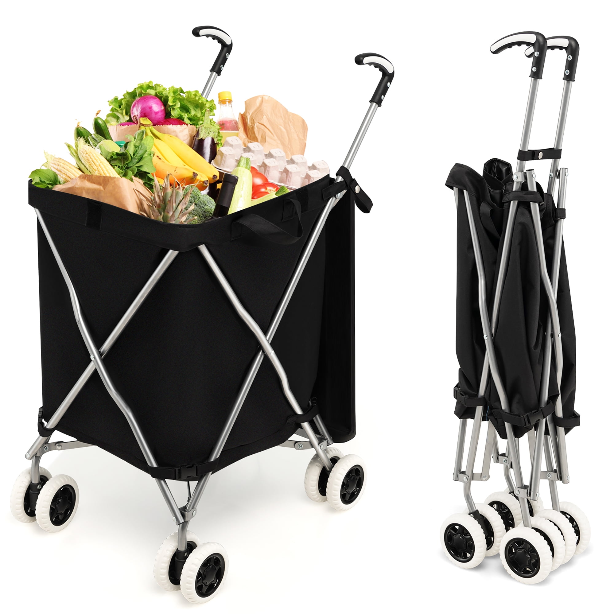 Costway Folding Shopping Cart with Waterproof Liner, 24 Gallons, Steel, Black