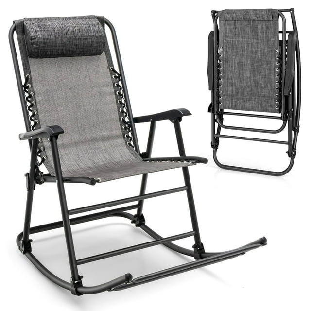 Costway Folding Zero Gravity Rocker, Outdoor Patio Chair with Headrest, Grey