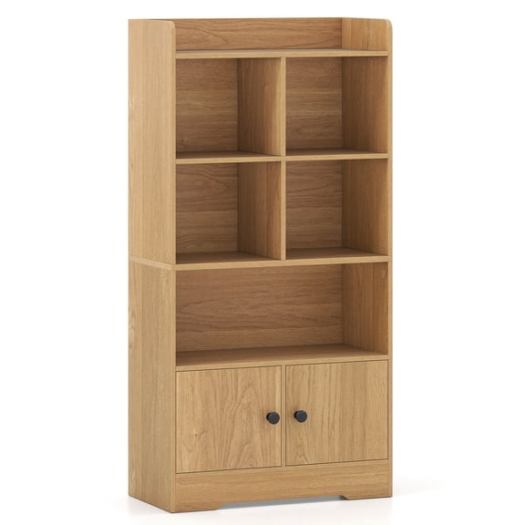 Costway Freestanding Bookshelf with Doors 2 Storage Cabinets and 5 Cubbies 2 Anti-tip Kits Natural