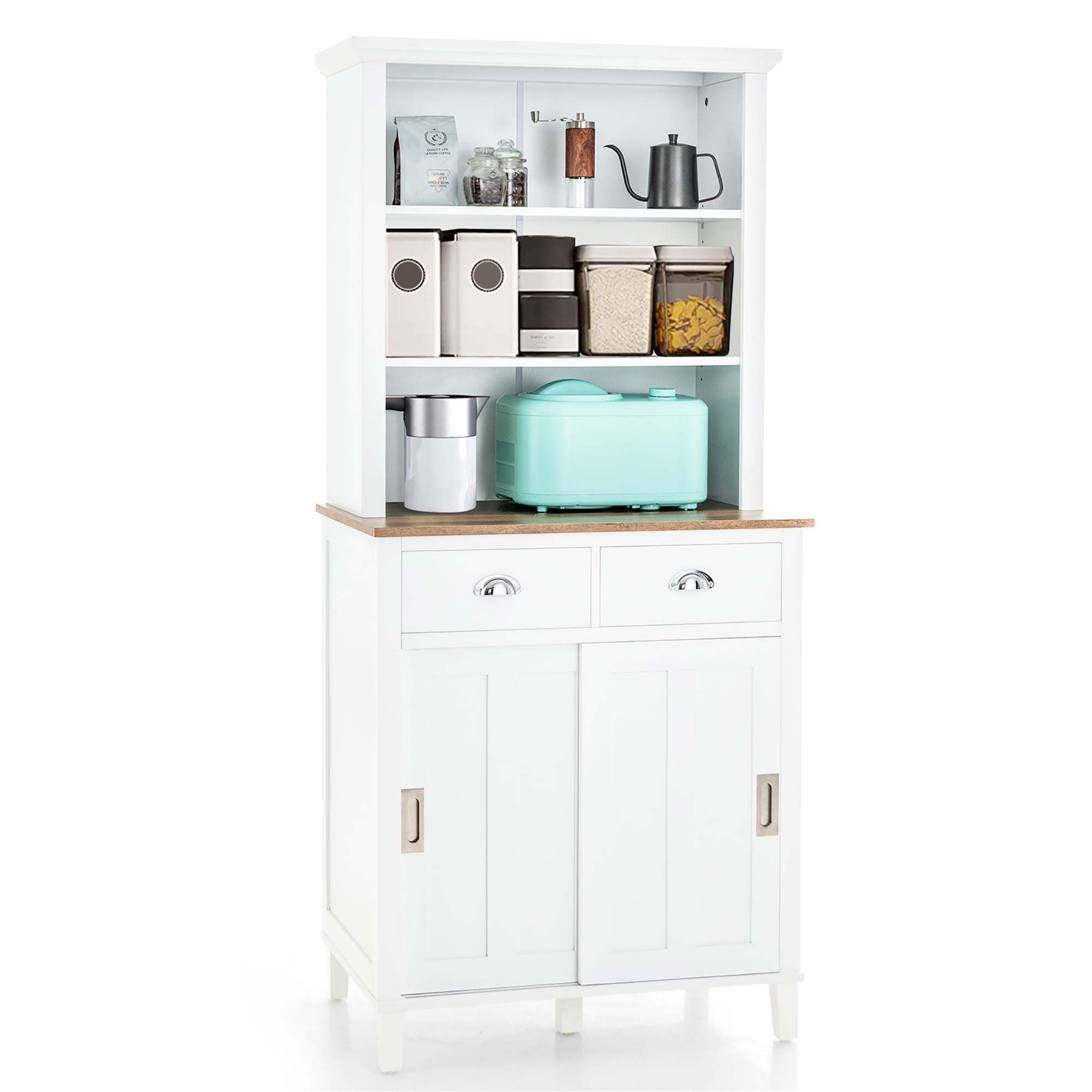 White Pine Wood Freestanding Kitchen Pantry Cabinet with Hutch