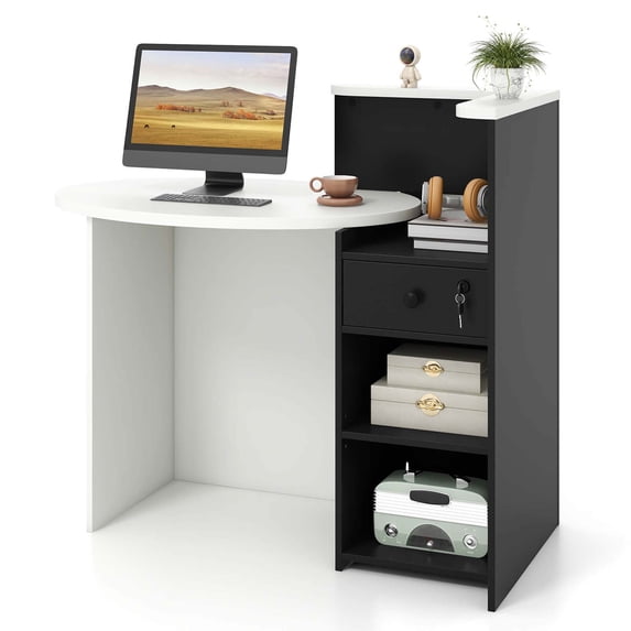 Costway Front Reception Counter Desk Checkout Office Desk with Open Shelf & Lockable Drawer Black