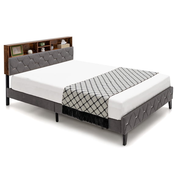 Costway Full Bed Frame Upholstered Platform Bed Mattress Foundation with Storage Headboard