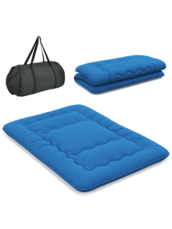 Full Futon Mattress Japanese Floor Sleeping Pad Washable Cover Carry Bag Blue