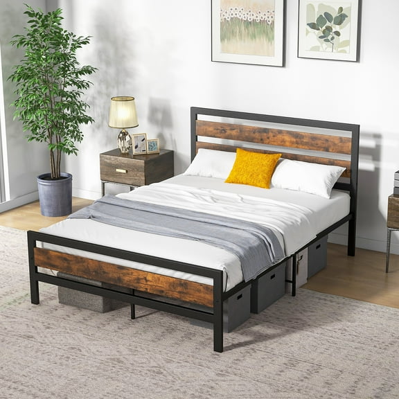 Costway Full Industrial Metal Platform Bed Frame Rustic Headboard Mattress Foundation
