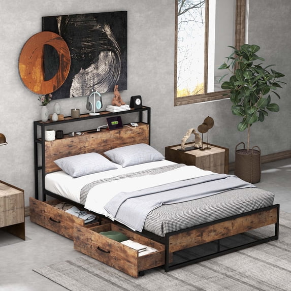 Costway Full Industrial Platform Bed Frame with Drawer Storage Headboard Charging Station