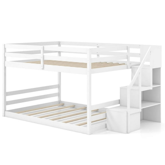 Costway Full Over Full Low Bunk Bed with Storage Stairs with Full-length Guardrails White