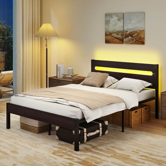 Costway Full Size Bed Frame with Built-in Charging Station Sturdy Mattress Foundation Rustic Brown + Black