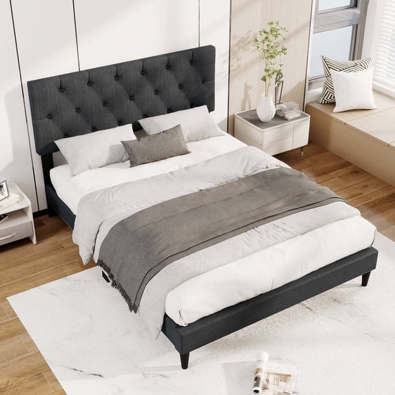 Costway Full Size Bed Frame with Button-Tufted Headboard & Wooden Slats Easy Assembly