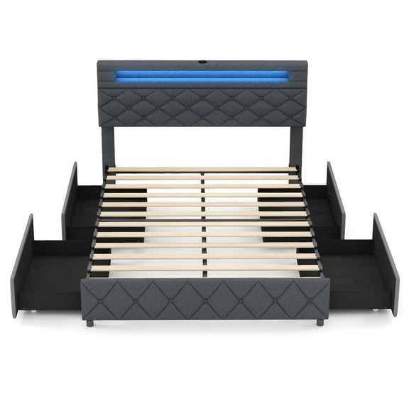 Costway Full Size Bed Frame with Led Lights & Charging Station & Modern Upholstered Bed