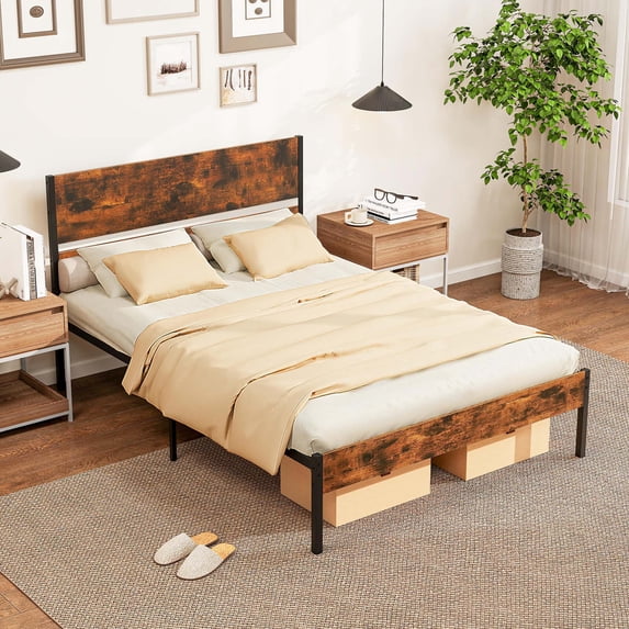 Costway Full Size Bed Frame with Wooden Headboard Under-Bed Storage No Box Spring Needed