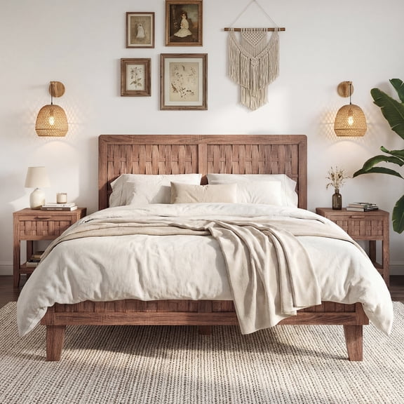 Costway Full Size Bed Frame with Woven Accent Headboard & Footboard, Wooden Slat Support