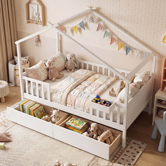 Costway Full Size Bed with 2 Storage Drawers, House-shaped Bed Frame White