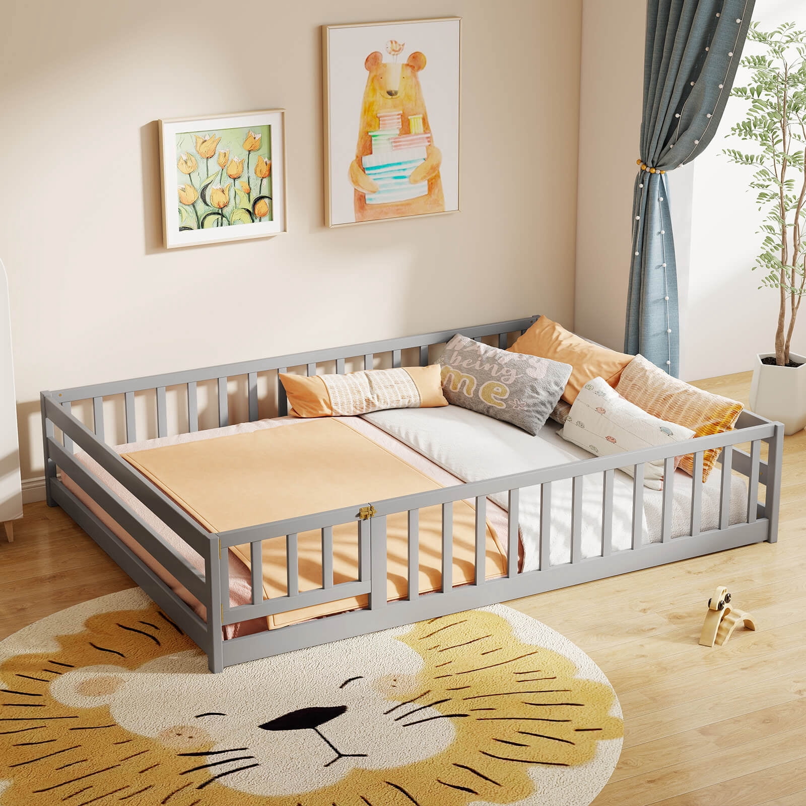 Costway Full Size Floor Bed with Full Length Safety Guardrails & Door for Boys, Girls Gray