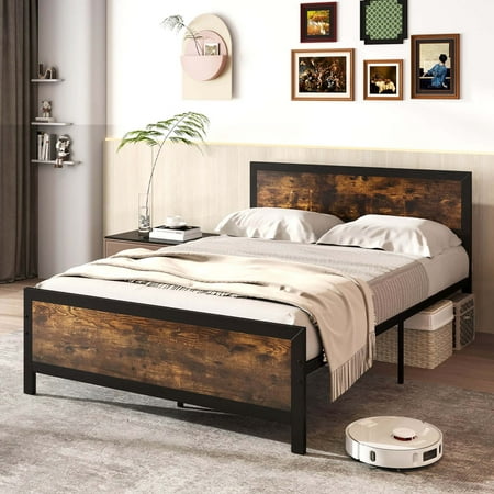 Costway Full Size Metal Bed Frame with Headboard & Footboard Metal Slats Support - Brown