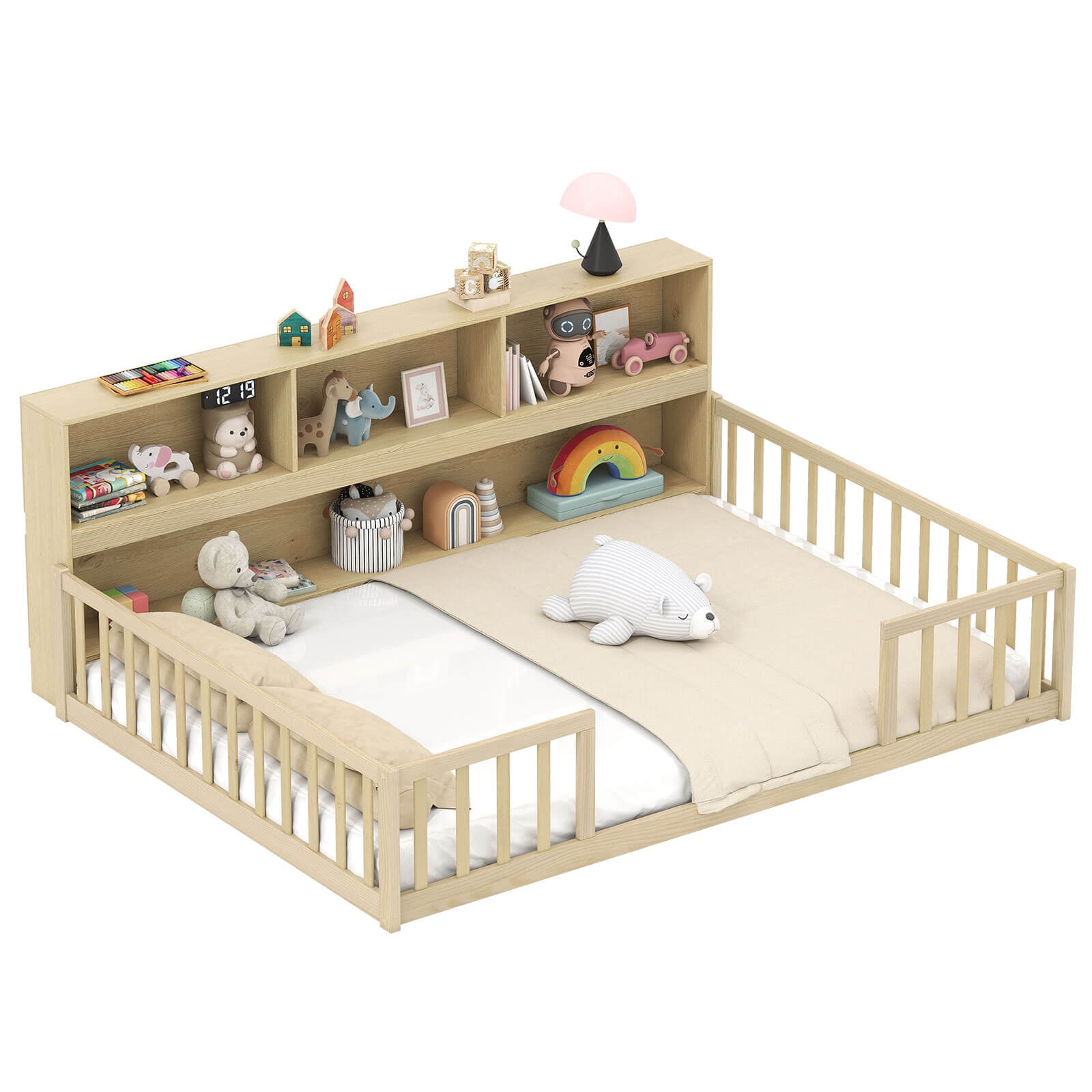 Costway Full Size Montessori Floor Bed with Bookcase Storage Shelves & Safety Fence Rails Natural
