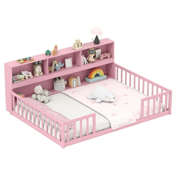 Costway Full Size Montessori Floor Bed with Bookcase Storage Shelves & Safety Fence Rails Pink