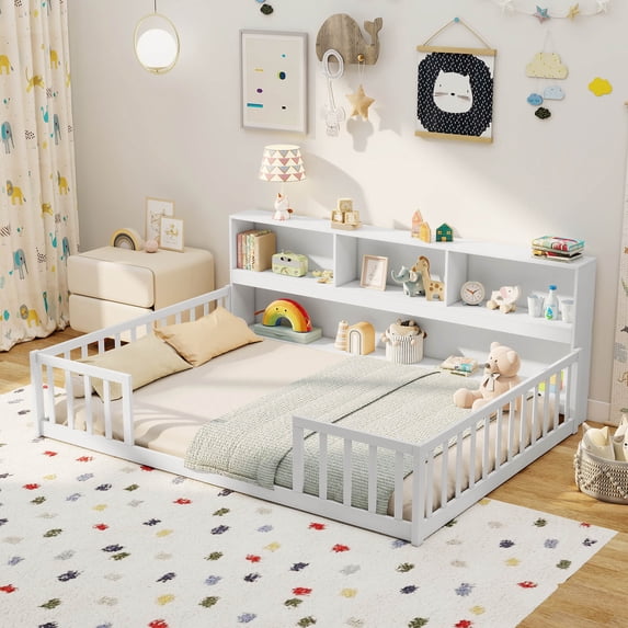 Costway Full Size Montessori Floor Bed with Bookcase Storage Shelves & Safety Fence Rails White